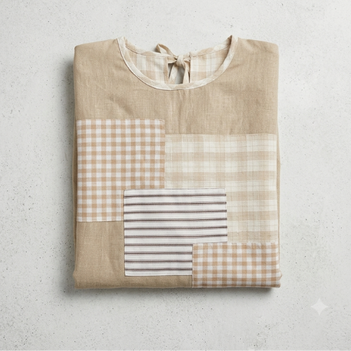 Boubou Long Moderne Beige en Lin – Style Patchwork Géométrique (Vichy & Rayures)