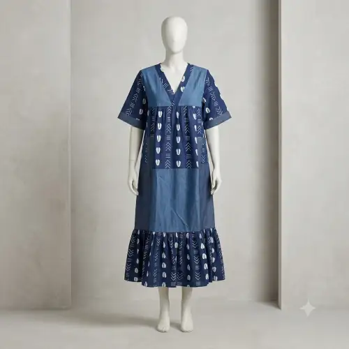 Robe Longue en Jean & Indigo – Mix de Motifs Traditionnels d'Afrique de l'Ouest